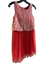 Disorderly Kids Girls Pink Red Sleeveless Floral Embroidered Tulle Dress Size