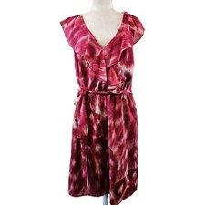 Ann Taylor Dress Womens 14 Pink Watercolor Ruffle V-Neck Sash Sleeveless Event
