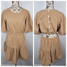 MADEWELL Dress Women's Size Small Brown Seersucker Puff-Sleeve Cutout NF870 NEW