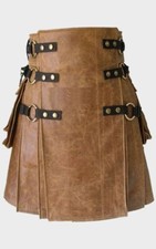 Men's Real Vintage Leather Kilt Cargo Pockets Pleated Kilt Utility Clubwear Kilt