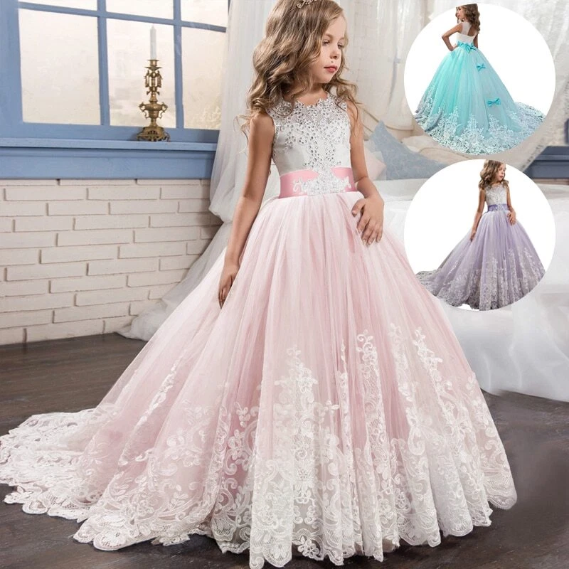 Girls Lace Long Prom Gowns Bridesmaid Kids Dresses Party Dress Kids Princess  - Image 2 of 4
