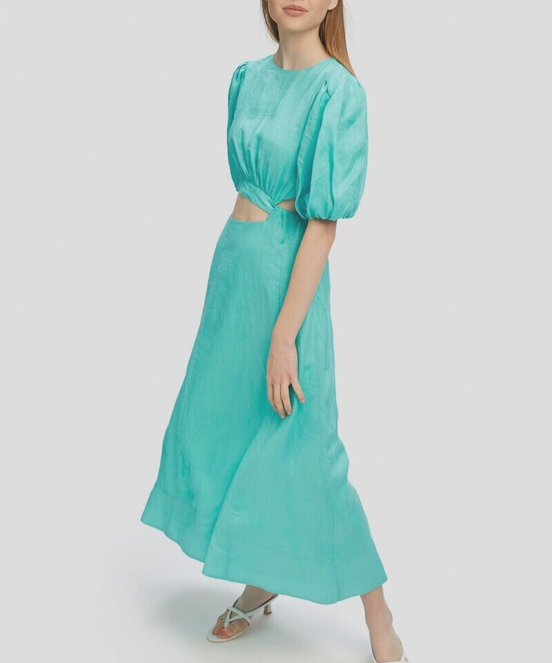 NWT Linen Bardot Seafoam Cutout Puff Elbow Sleeve Midi Dress Sz S $199 |  eBay