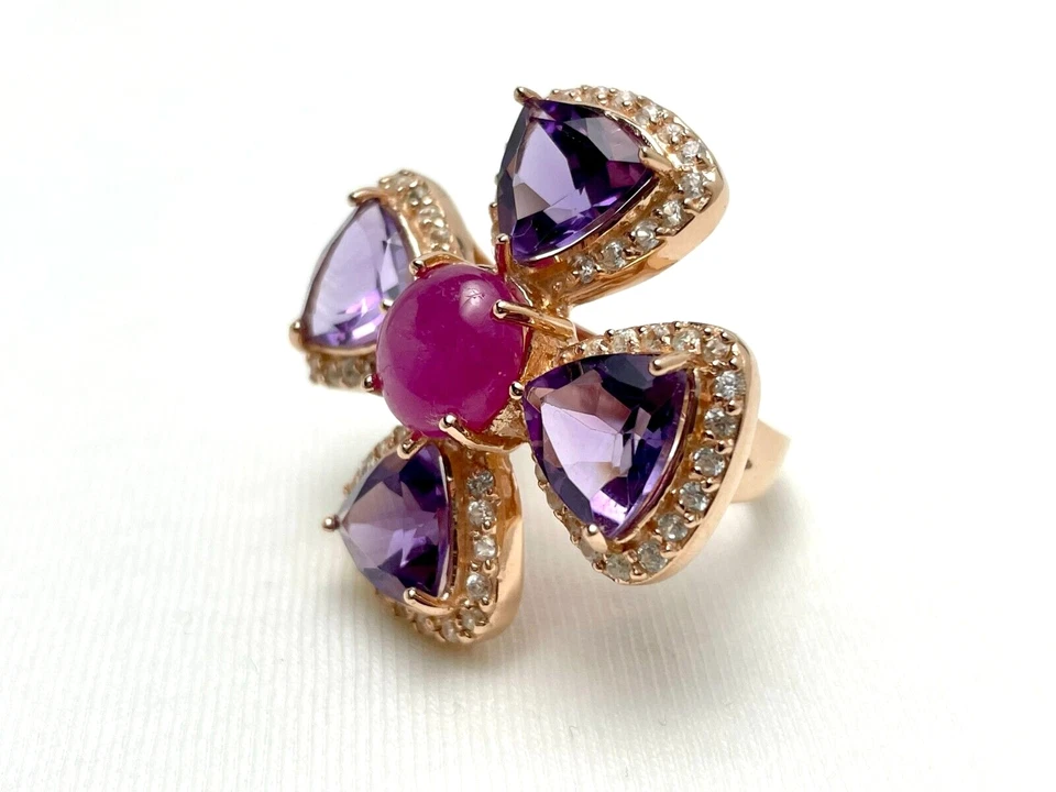 Ruby, Amethyst, Cross Rose Gold Plated Sterling Silver Ring - Image 3 of 4