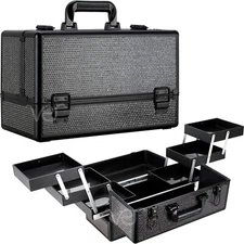 VER Beauty Professional Train Makeup Case with 6 Extendable Trays, Key locks