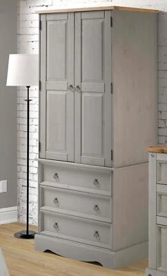 Bedroom Wardrobe Corona Grey 2 Door 3 Drawer Antique Wax Finish Home Furniture