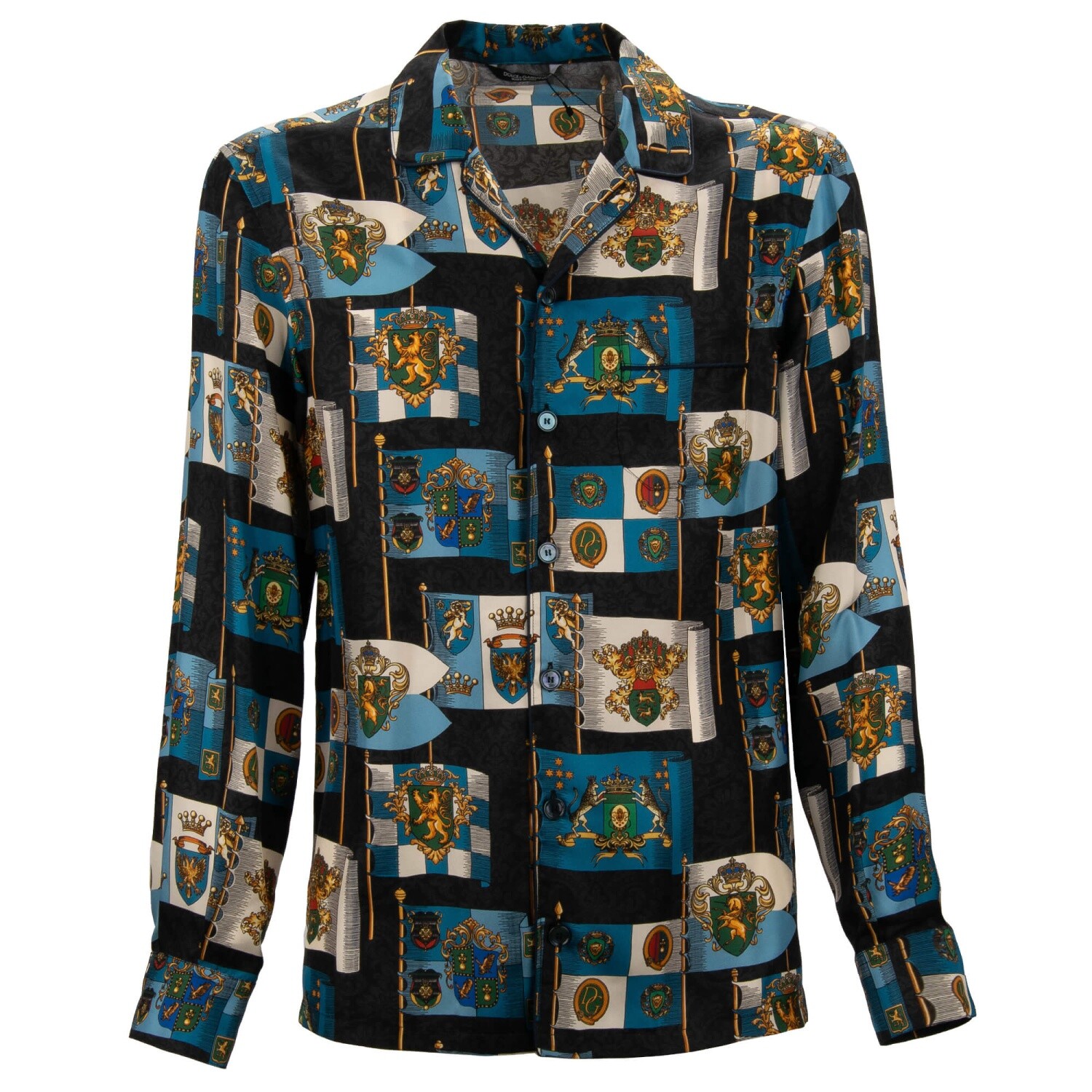 DOLCE & GABBANA Baroque Lion Coat of Arms Crown Wide Fit Silk Shirt Black Blue