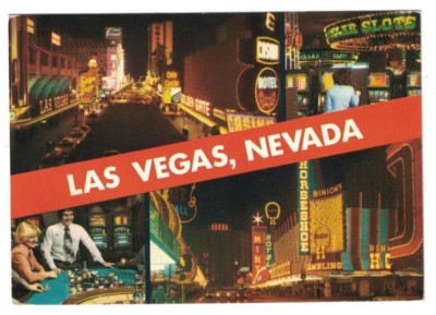 VINTAGE 1970 GREETINGS FROM LAS VEGAS NEVADA CASINO CENTER MULTI-VIEW PETLEY PC