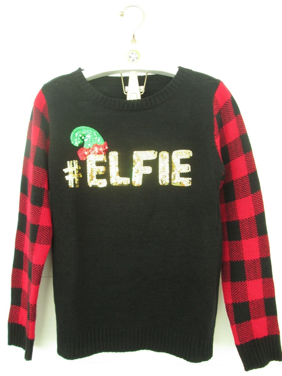Self Esteem Ugly Christmas Sweater Sz L women Black/Red Elfie Sequins  Holiday