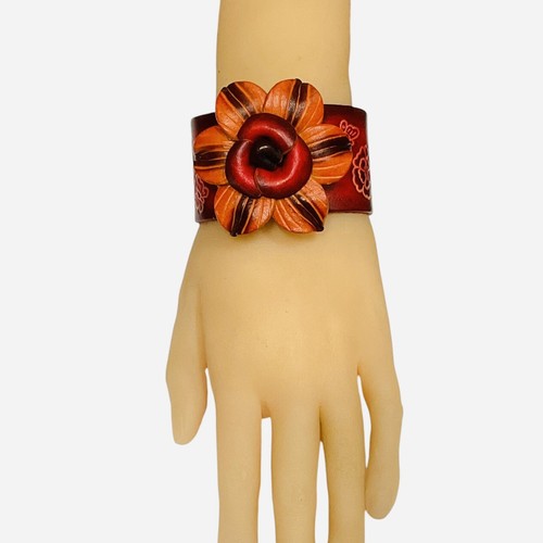 Leather Red Rose Bracelet Wide Arm Cuff Band Statement Flower
