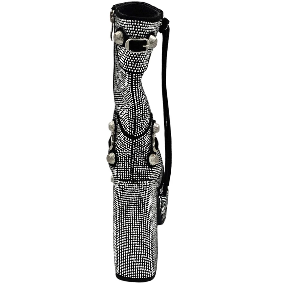 Tronchetto donna stivaletto alto tacco grosso 15 cm plateau 5 cm brillantini bor - Immagine 3 di 4