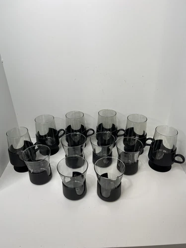 Set of 12 Vintage Corning Glas-Snap Mugs Black Base Glassware Hot Cold MCM