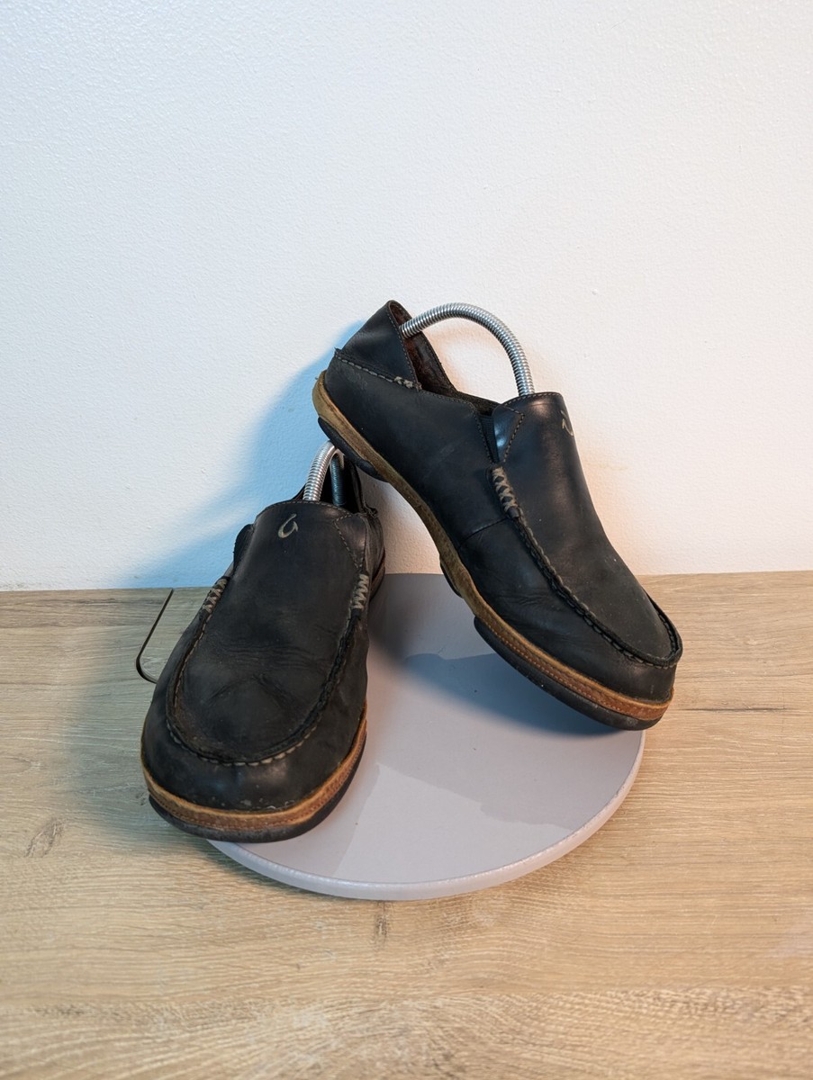 OluKai Moloa Black Leather Casual Slip On Shoes Men display picture 1