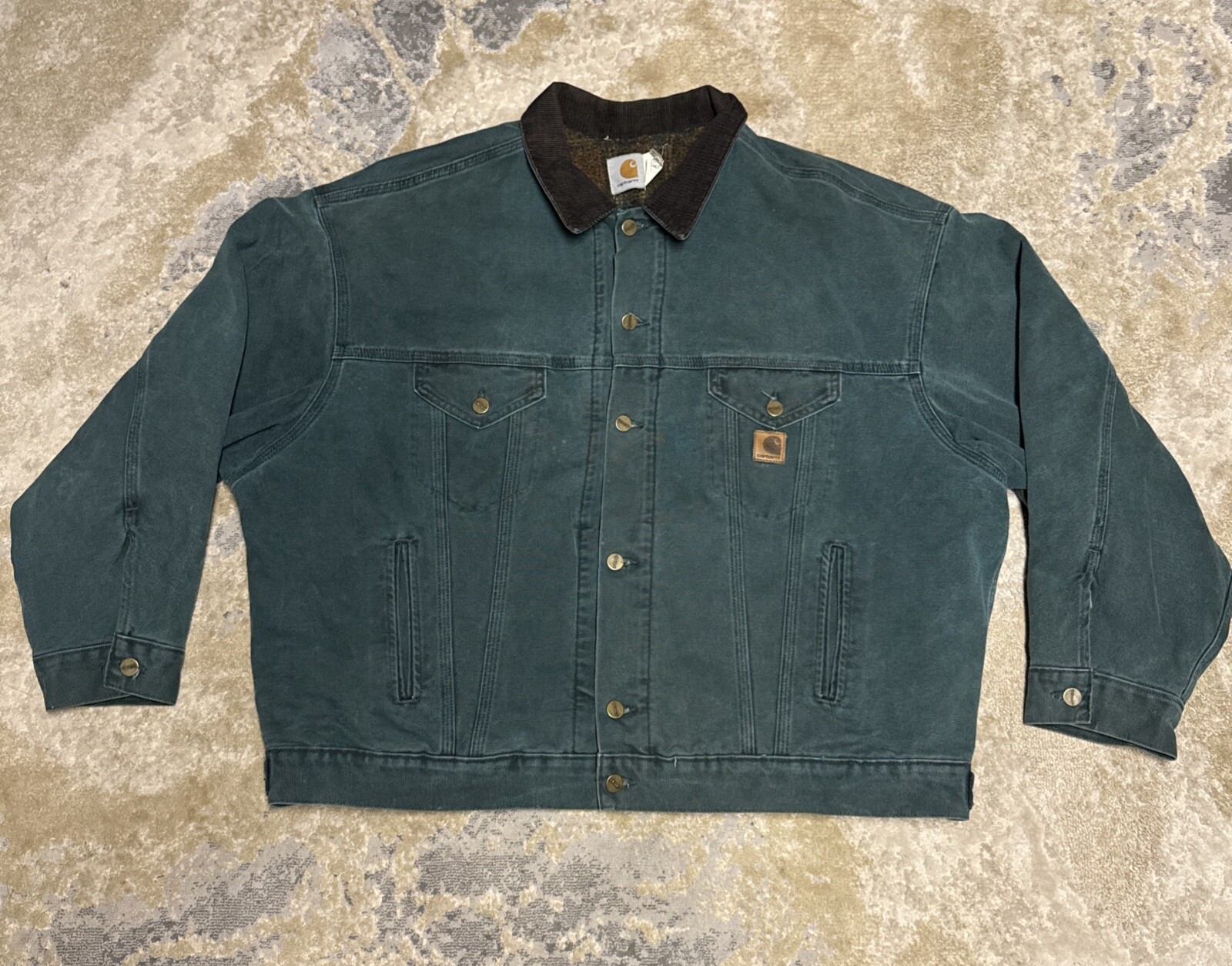 Vintage Carhartt J10 HTG Green Trucker Denim Jacket Blanket Lined Button