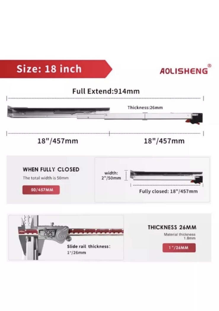 18 Inch AOLISHENG 1 Pair Undermount Soft Close Drawer Slides 80 lb  Hidden Rails