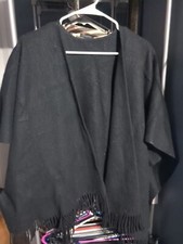Super Soft- Black Poncho Cape Women One Size Open Wrap Shawl w/Fringe