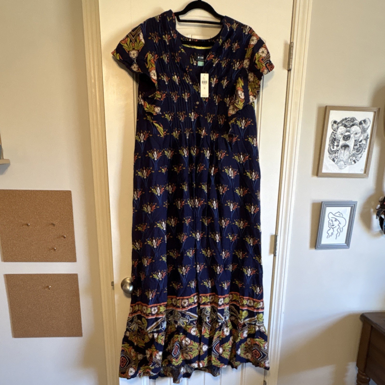 Maeve by Anthropologie Navy Floral Maxi Dress 1X Ruffle Sleeve