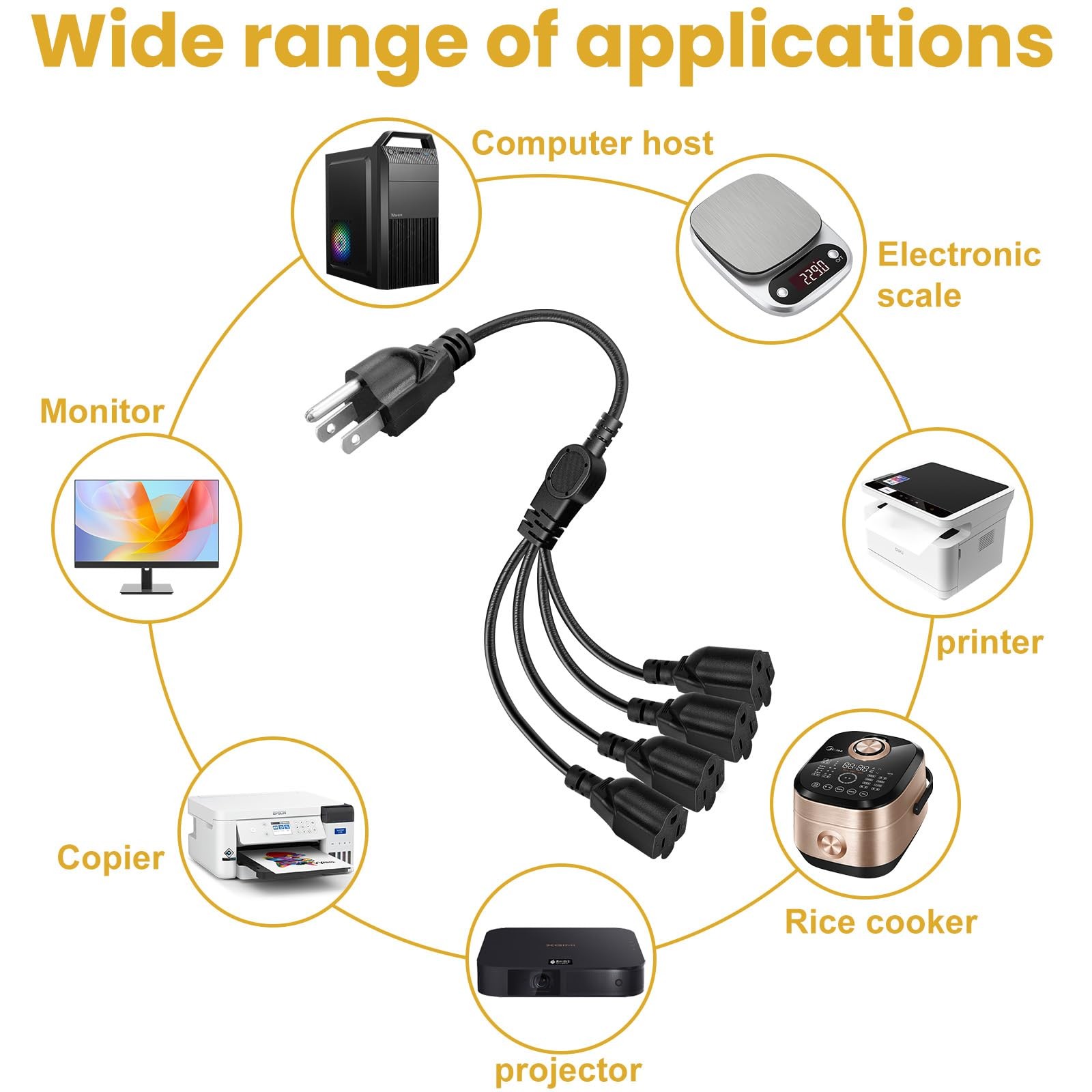 Outlet Splitter 1-to-4 Short Extension Cord 3 Prong Splitter Outlet Saver 4-W