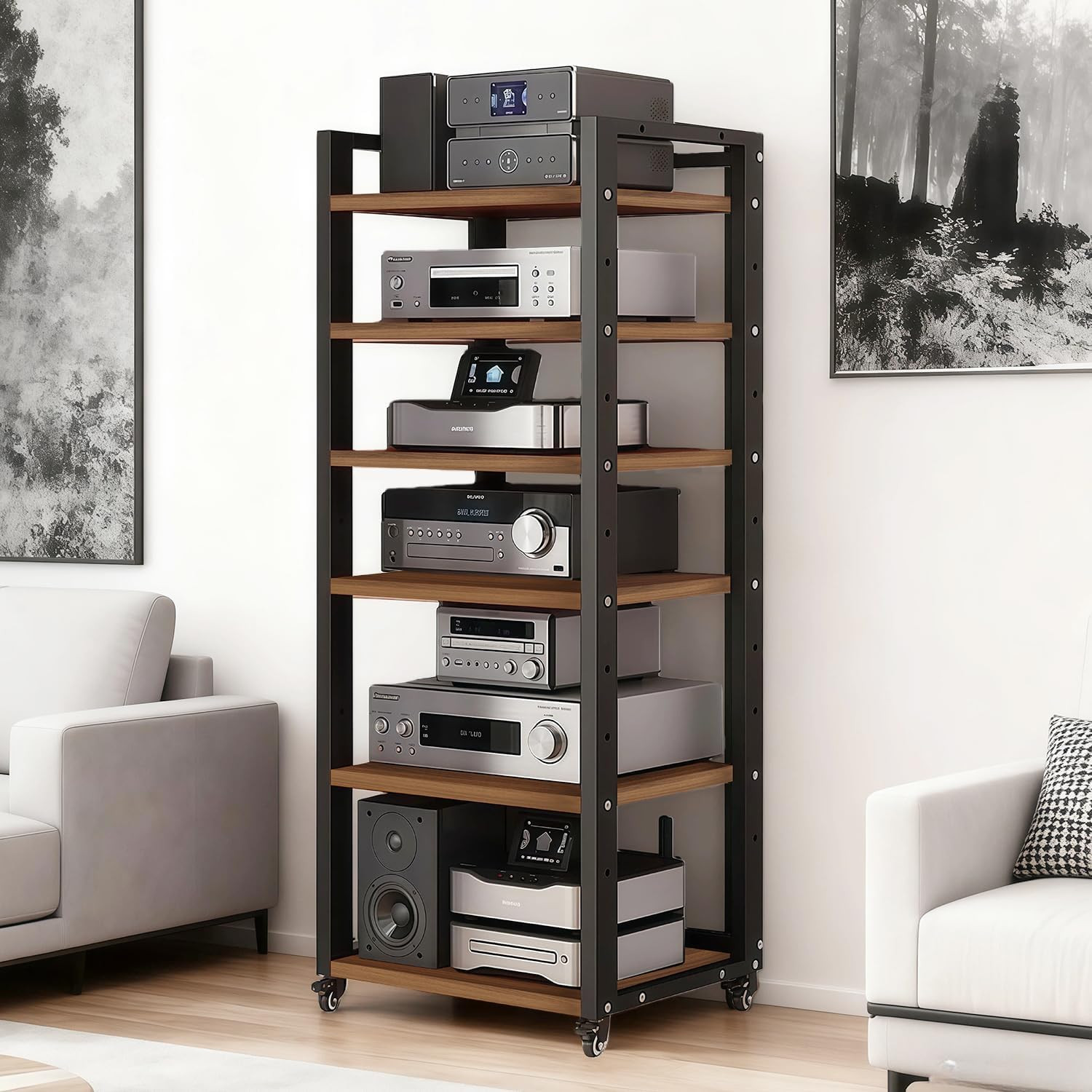 6-Tier AV Media Stand, Audio-Video Shelving with Wheels, Adjustable Media Consol
