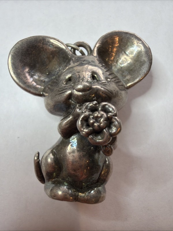 Vintage 1979 Hallmark Cards Sterling Silver Mouse Holding Flower Pendant B21