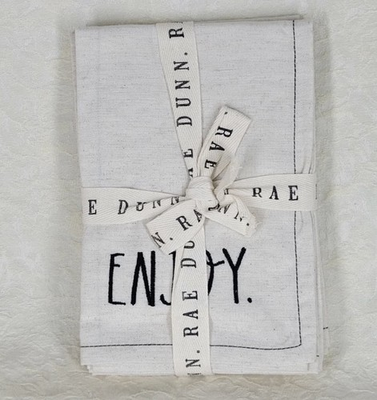 #ad NWT Rae Dunn Napkin Set Embroidered Cloth Rae Dunn Eat Drink Cheer Enjoy Set 4 $14.99