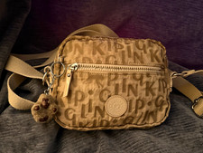 Kipling Beige Logo Print Crossbody Bag Zip Closure Adjustable Strap Monkey Charm