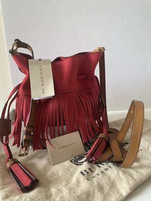 Burberry Belgravia Fringe Small. Crossbody Bucket Bag In Windsor Red. Canvas.