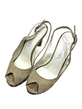 Chanel Beige Tweed Slingback Peep Toe Platform Heels   Size 7