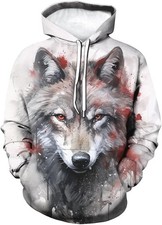 3D Wolf Hoodie Realistic Gray Wolf Red Eyes Pullover Hooded Sweatshirt