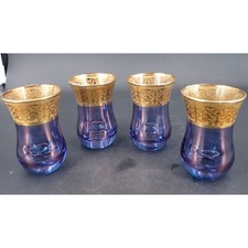 Vintage Bohemia Cordial Glasses Light Blue Purple Iridescent Heavy Gold Gild