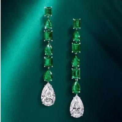 3 Ct Pear Cut Simulated Green Emerald Drop/Dangle Earrings 14k White Gold Plated