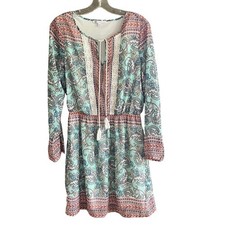 DR2 Dress Boho Paisley Lace Tassels Elastic Waist Mixed Print S Roll-tab Sleeves