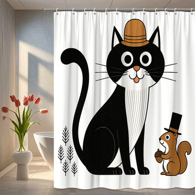 Cute Black Cat Shower Curtain with Squirrel Design