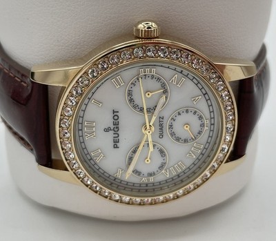 Peugeot VTG Gold Tone Mother of Pearl Face Watch Swarovski Crystal Bezel 6.75\
