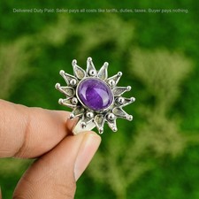 African Amethyst Stone 925 Sterling Silver Bezel Flower Statement Ring Jewelry