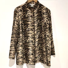 Melrose Silk Vtg Women’s Silk Tiger Print Blouse M Long Sleeve Tunic Safari Chic