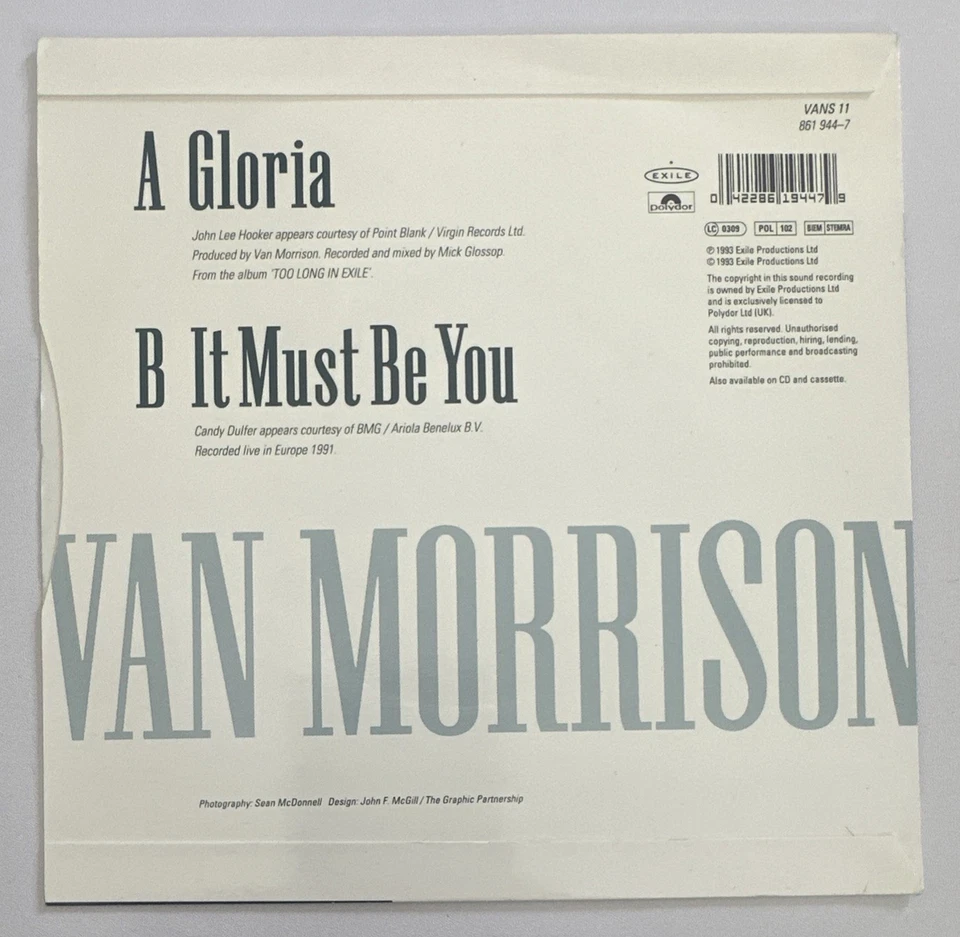 Van Morrison & John Lee Hooker - Gloria  7” Vinyl Record - 1993 EX / EX - Image 3 of 4