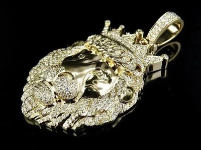 3Ct Round D/VVS1 Moissanite Men's King Lion Head Pendant 14k Yellow Gold Plated