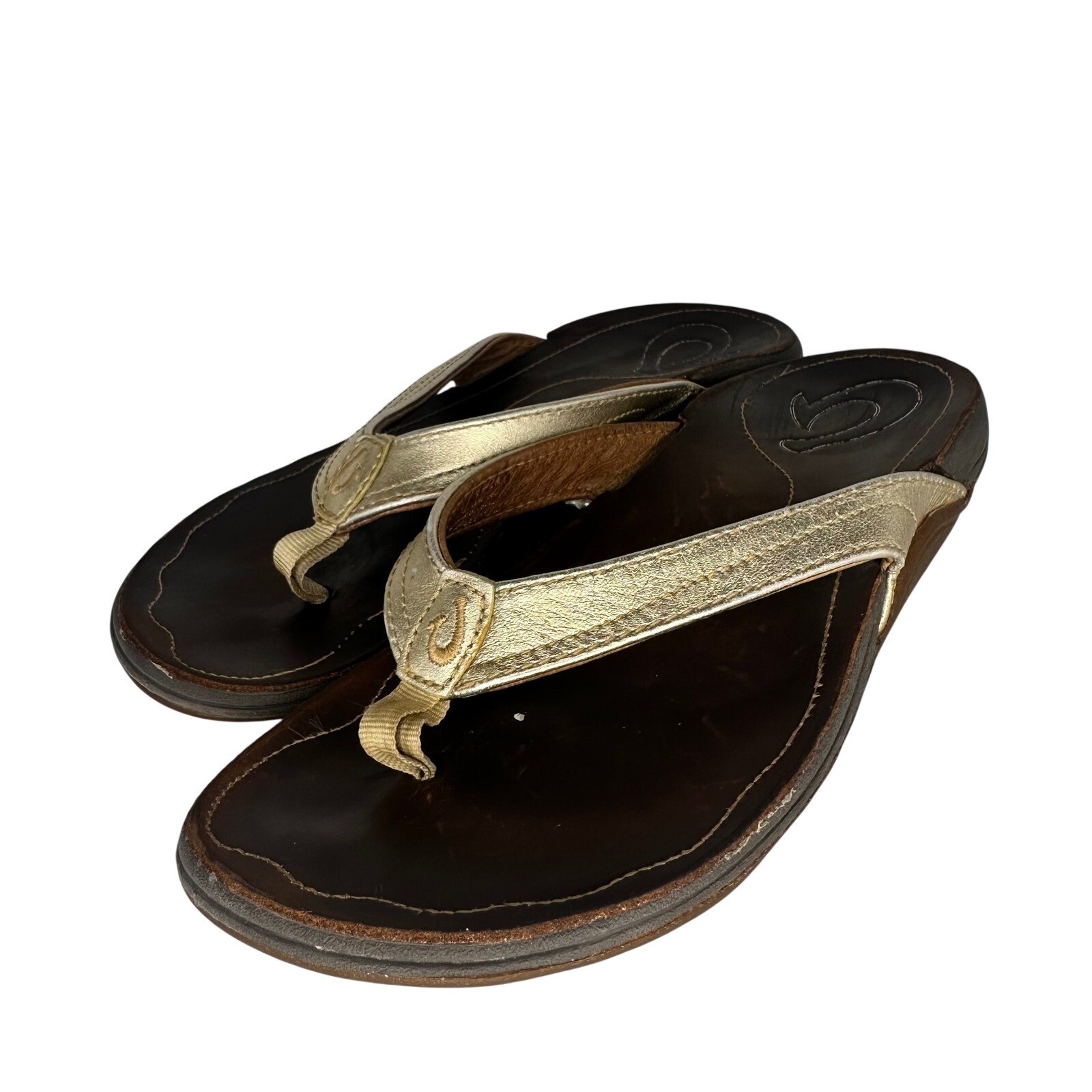 Olukai Kumu Metallic Gold Leather Flip Flop Sandals Womens 7 Brown 20103-5064