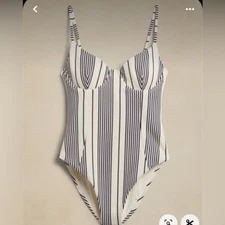 Onia size XL Isabella Pique Swimsuit White Cream & Navy Stripe #847376
