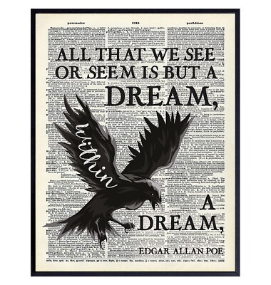 Edgar Allan Poe Raven Art LARGE 11x14 - Gothic Home Decor - Typography Wall A...