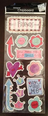 New 13 Piece Self Adhesive Doodle Best Friends Glitter Chip Board Scrapbooking