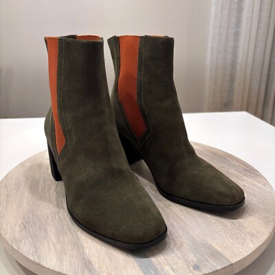 Lori Goldstein Women's Brid Olive Orange Italian Leather Ankle Boots US Size 7.5