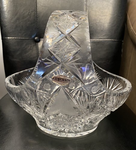 Czech Bohemian Crystal Cut Glass Basket/Bowl with Handle Large  9.75”x6”x 9”