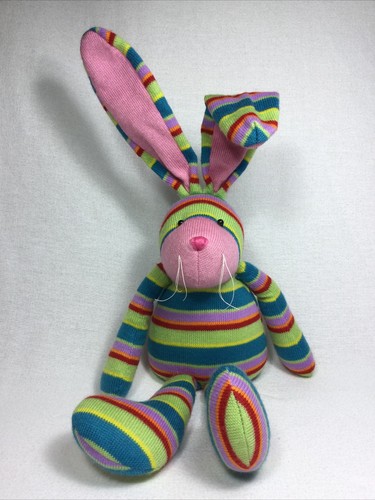 Long Wire Ear Stripe Knit Sitting Sock Bunny Rabbit Colorful Stuffed Animal - Picture 11 of 14