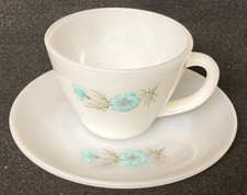 FIRE KING CUP AND 6" SAUCER SET,BONNIE BLUE FLOWER PATTERN,VINTAGE,WHITE GLASS