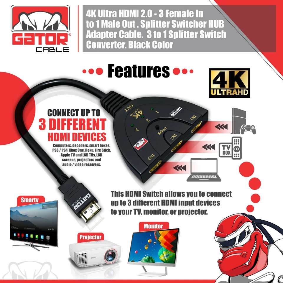 Adaptador divisor interruptor automático cable HDMI 2.0 4K dispositivos de 3 entradas a 1 salida Foto 3 de 4