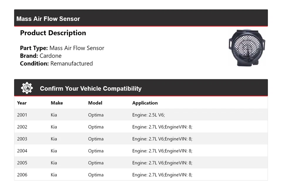 Sensor de flujo de aire de masa Cardone para Kia Optima 2001-2006 2002 2003 2004 2005 Foto 2 de 4