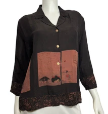 Citron Santa Monica Silk Top Medium Boxy Oriental Art To Wear Lagenlook Shirt M