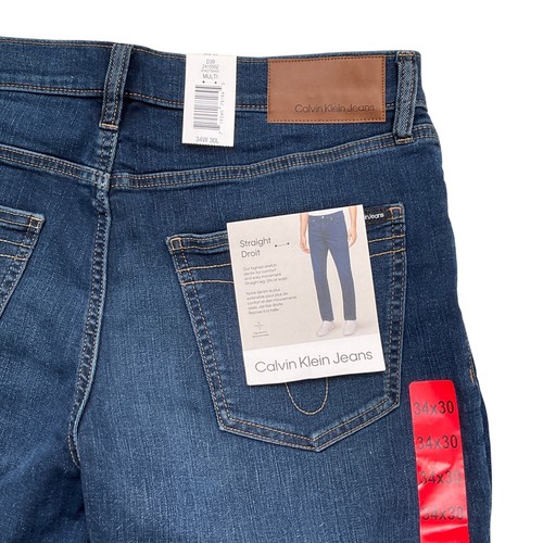 Calvin Klein Jeans Men 34W 30L Blue Whisker Straight Fit Cotton Stretch Denim
