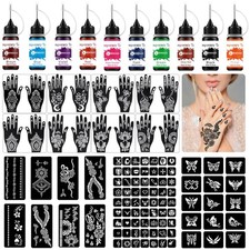 Temporary Tattoo Kit, 10 Bottles Colors Temporary Tattoo Ink, 8 Gloves Stenci...